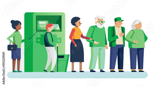 Flat vector illustration of a queue of people at an automated teller machine..eps
