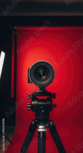 Camera On Tripod Against Crimson Backdrop: Professional Photography Setup for Content Creation