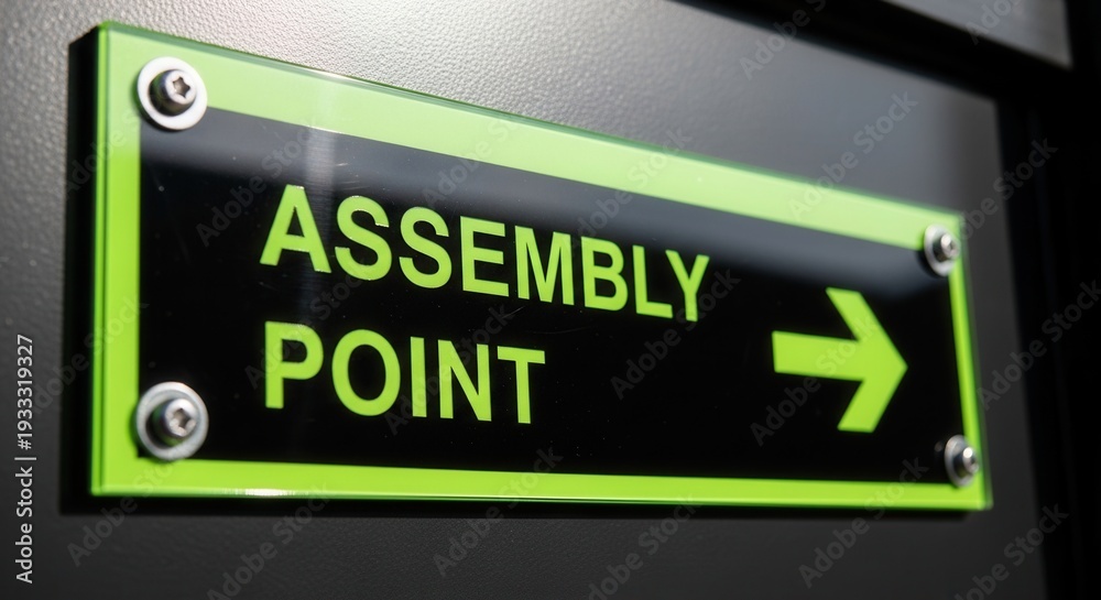 Fototapeta premium Assembly Point Sign Indicating Direction, Green Signage on Black Wall, Arrow Pointing