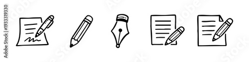 Hand-drawn doodle icons of pens, pencils, and documents. Set of minimalist black and white writing and signing symbols for business and education.