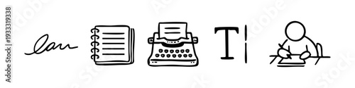 Collection of hand-drawn writing icons including typewriter, notebook, signature, and person writing. Minimalist black ink doodle set on white.