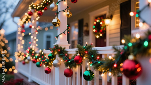 Wallpaper Mural A joyful terrace filled with vibrant Christmas balls and sparkling lights creates a festive atmosphere. Lush garlands enhance the holiday spirit on this beautiful day Generative AI Torontodigital.ca