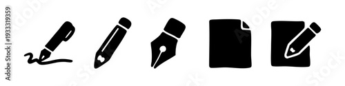 Set of black minimalist icons for writing and editing, including pen, pencil, document, and signature symbols, isolated on a white background.