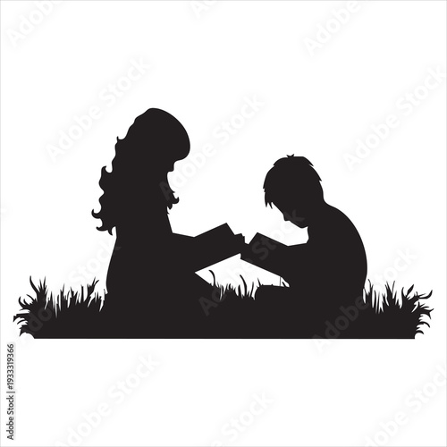 Vector silhouette of siblings sitting in the grass and reading book on white background. Symbol of girl, sister, brother, friends, family, infant, childhood, nature, park, gar