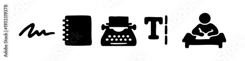 Collection of black writing and blogging icons including a typewriter, notebook, signature, and person at a desk, isolated on a white background.