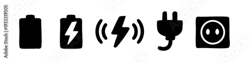 Set of hand-drawn power and electricity icons including battery, charging bolt, plug, and outlet silhouettes. Minimalist black vector doodles.
