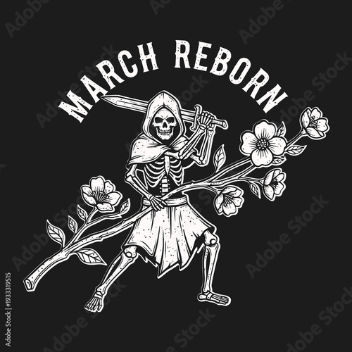 Skeleton Reaper Holding Scythe with Flowers.