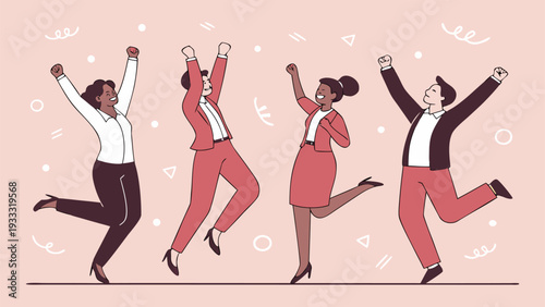 Happy office workers jumping together symbolizing teamwork and victory.eps