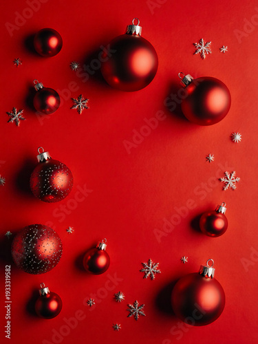 Wallpaper Mural Brilliant red Christmas balls scatter joyfully across a vivid red backdrop, accompanied by delicate silver snowflakes and a touch of sparkle, evoking holiday spirit Generative AI Torontodigital.ca