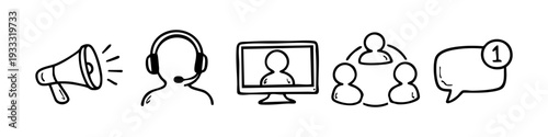 Set of hand-drawn communication and customer support icons including megaphone, headset, video call, and chat bubble in doodle style.