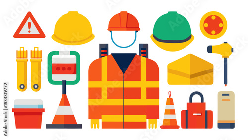 Industrial safety and PPE icon set with protective gear and warning signs.eps