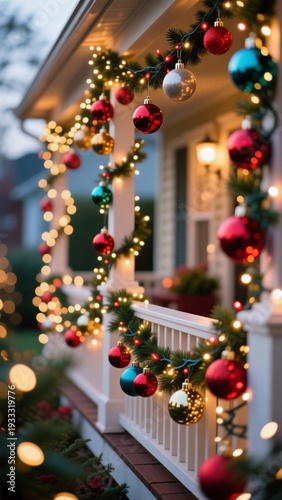 Wallpaper Mural Brightly colored Christmas balls hang elegantly on a terrace adorned with twinkling lights, spreading festive joy on a beautiful day during the holiday season Generative AI Torontodigital.ca