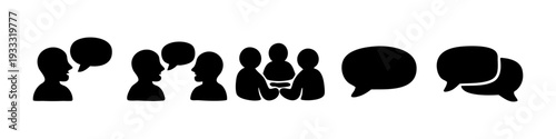 Set of communication and teamwork icons featuring speech bubbles, people silhouettes talking, and meeting symbols on a white background.