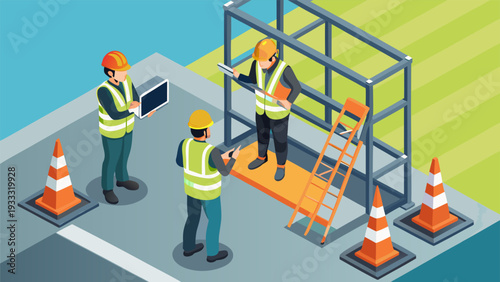 Isometric Construction Site Scene with Workers on Scaffolding and Engineers.eps