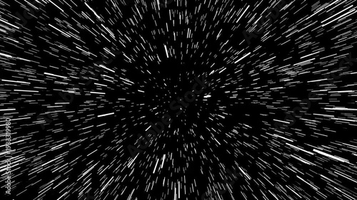 Fast-paced hyperspace jump video, abstract white light trails accelerating into a black void, futuristic digital motion