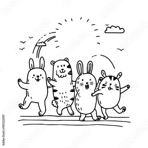 Four Cartoon Animals Dancing Under Rainbow