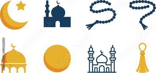 Islamic religious icons set with crescent moon star mosque tasbih beads dome flat vector illustration