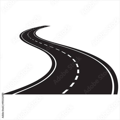 Curved asphalt road icon silhouette on white background