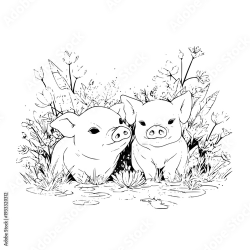 Two Pigs Standing in Grass with Flowers