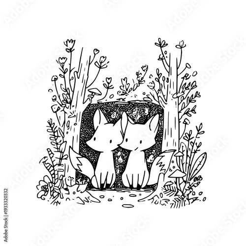 Two White Foxes Standing in Forest Glade with Flowers and Trees