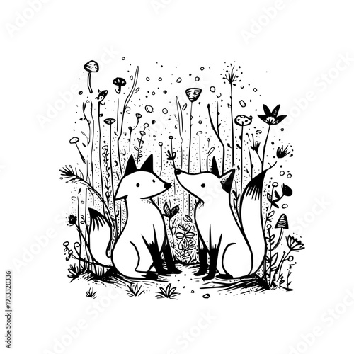 Two Foxes Sitting in Wildflowers and Grass, Black and White Illustration