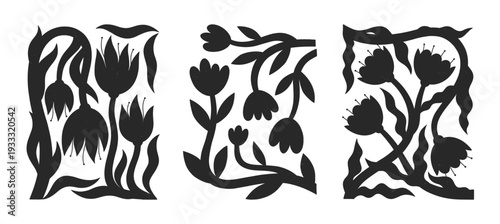 Flower hand drawn silhouettes in linocut style.Black and white vintage botanic print and antique printmaking illustrations.Dark romantic folk floral elements for prints,posters,wall art decor,patterns