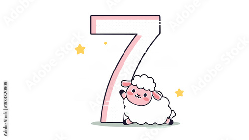 A cute cartoon sheep standing next to the number seven on transparent background