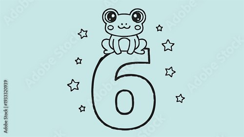 A cute cartoon frog sitting on the number six with stars on transparent background