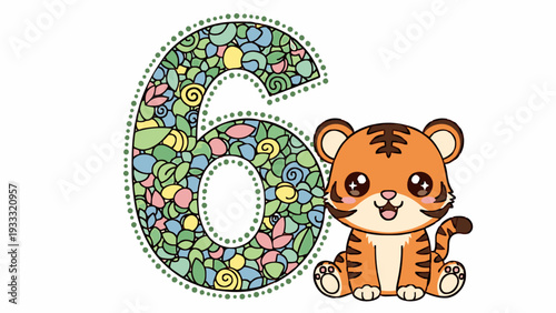 A colorful cartoon tiger sitting next to a large number six on transparent background