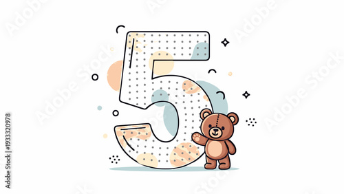 A colorful illustration of a teddy bear next to the number 5 on transparent background