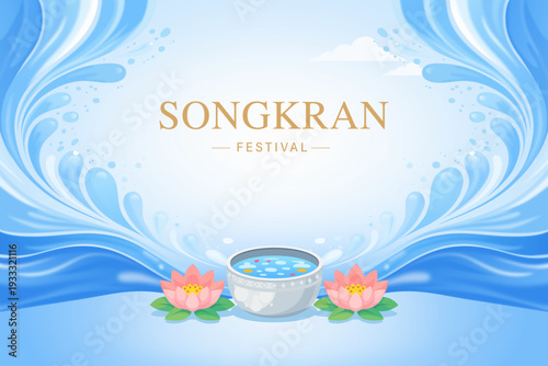 Songkran Festival Background with Traditional Thai Water Bowl and Splashes [Converted].eps
