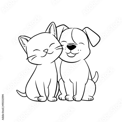 Smiling Cat and Dog Sitting Together in Black and White Line Art