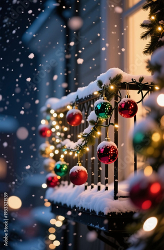 Wallpaper Mural Snowflakes gently fall on a cozy balcony decorated with colorful Christmas ornaments. Twinkling lights bring warmth to the enchanting winter evening Generative AI Torontodigital.ca