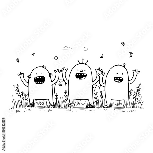 Three Monsters Waving in Field with Insects