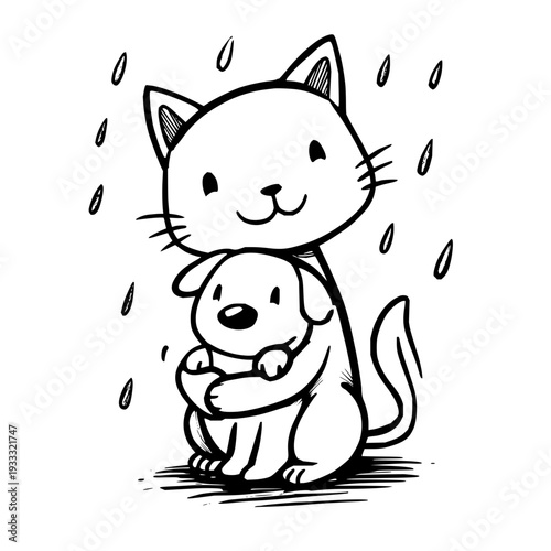Cat Hugging Dog in Rain, Black and White Illustration