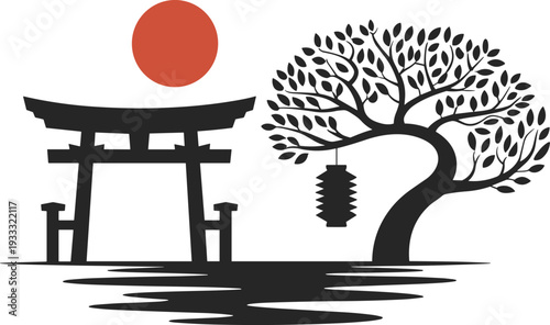 Minimalist Japanese torii gate and bonsai tree silhouette with red sun zen landscape vector illustration design