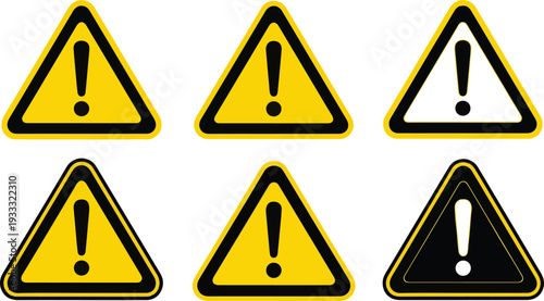 Danger warning sign icon collection featuring triangular exclamation mark symbols isolated on white background. Safety alert vector set eps
