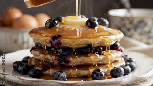 Stack of pancakes with blueberries and syrup pouring