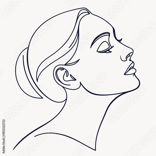 Minimalist continuous line art portrait of elegant woman profile looking upwards showing neck line and simple hair bun on neutral white background