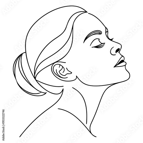 Woman minimalist face outline drawing with hair bun and closed eyes side view abstract illustration on white background