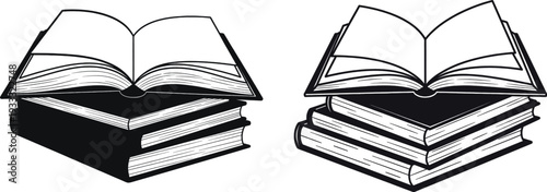 Two stacks of books with open books on top illustration