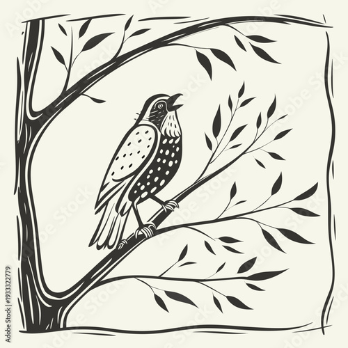 Bird perched on tree branch singing with leaves around, stylized illustration with decorative border evoking nature's harmony and avian melody