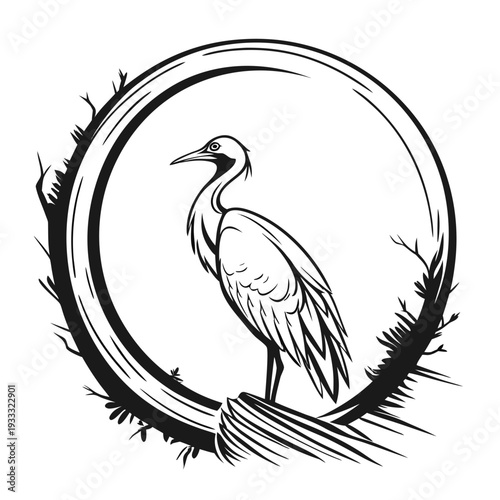 Elegant line art of a heron standing gracefully on a rock surrounded by sparse vegetation within a circular frame
