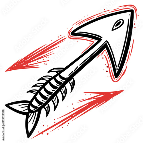 Stylized bone arrow or spear head design with fish skeleton tail and motion lines in red and black ink style isolated on white background vector
