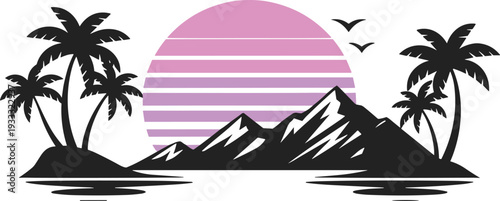 Minimalist tropical island landscape with palm trees mountains and retro sunset gradient sun, vector illustration summer travel background design