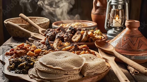 Traditional food platter with various dishes and ceramic cookware