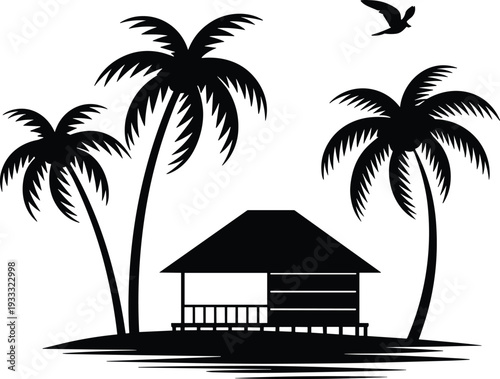 Minimalist tropical island hut silhouette with palm trees, bird, and water reflection black and white vector illustration design