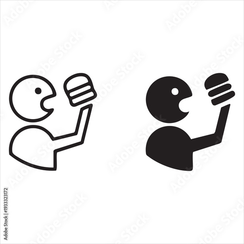  Man eating burger vector illustration. Fast food logo. Eatery emblem. Obesity symbol. Gluttony icon isolated.