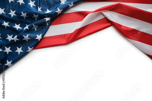 American flag draped from left corner on white background usa flag stars and stripes