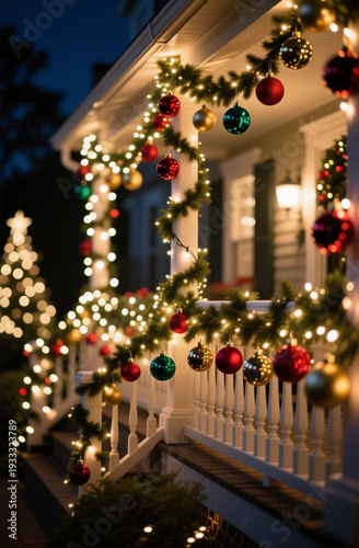 Wallpaper Mural Festive Christmas balls hang gracefully from a decorated terrace, while twinkling lights create a magical atmosphere on a peaceful winter evening Generative AI Torontodigital.ca